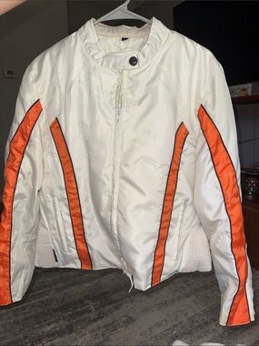Vintage White Bomber Jacket with Orange Stripe Accents